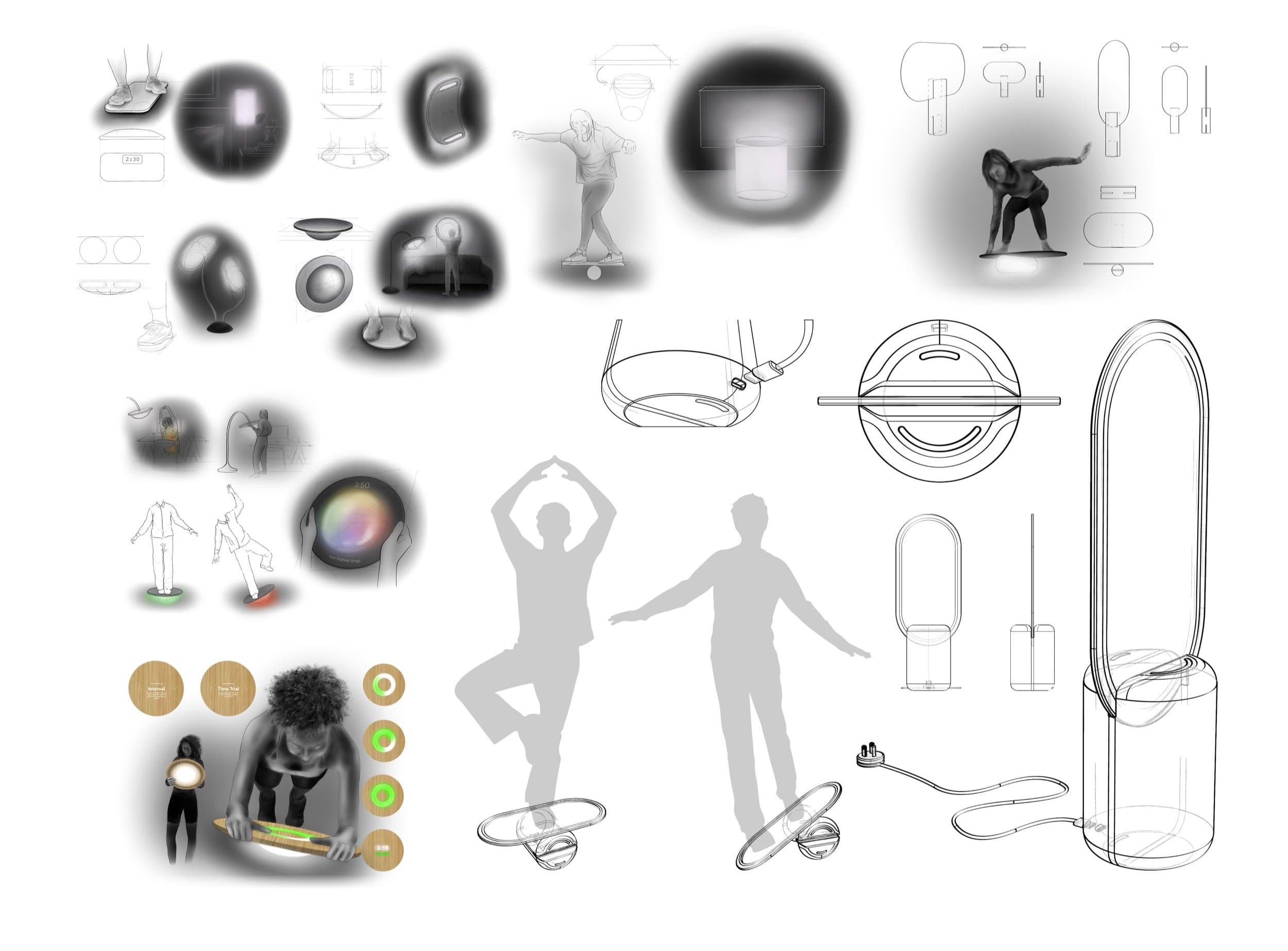Various sketches showcasing different ways of using a balance board as an ambient light source