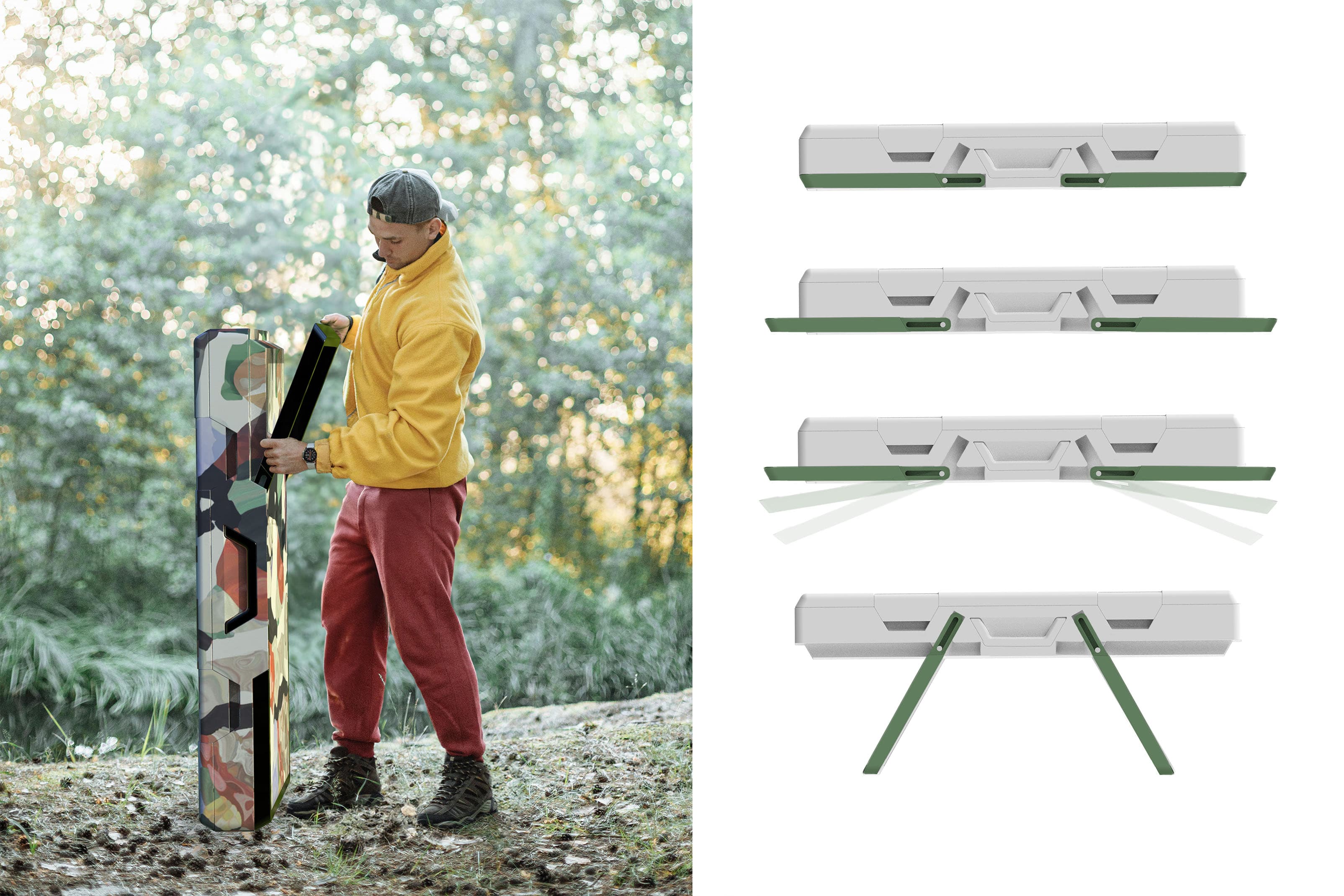 A man outside unfolding legs from Rest and putting them into locking position.