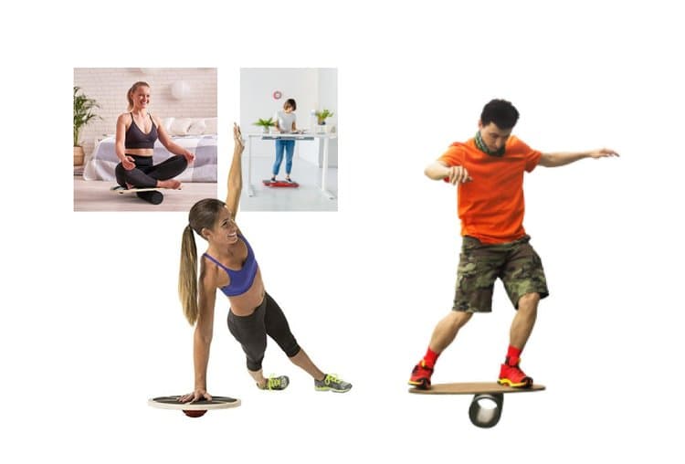 Collage of many people exercising with balance items