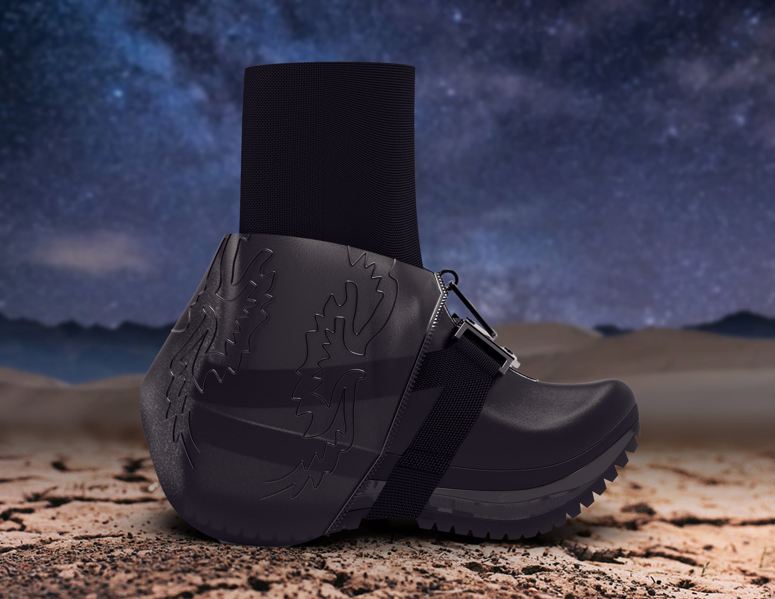 Black cowboy boot against the night desert