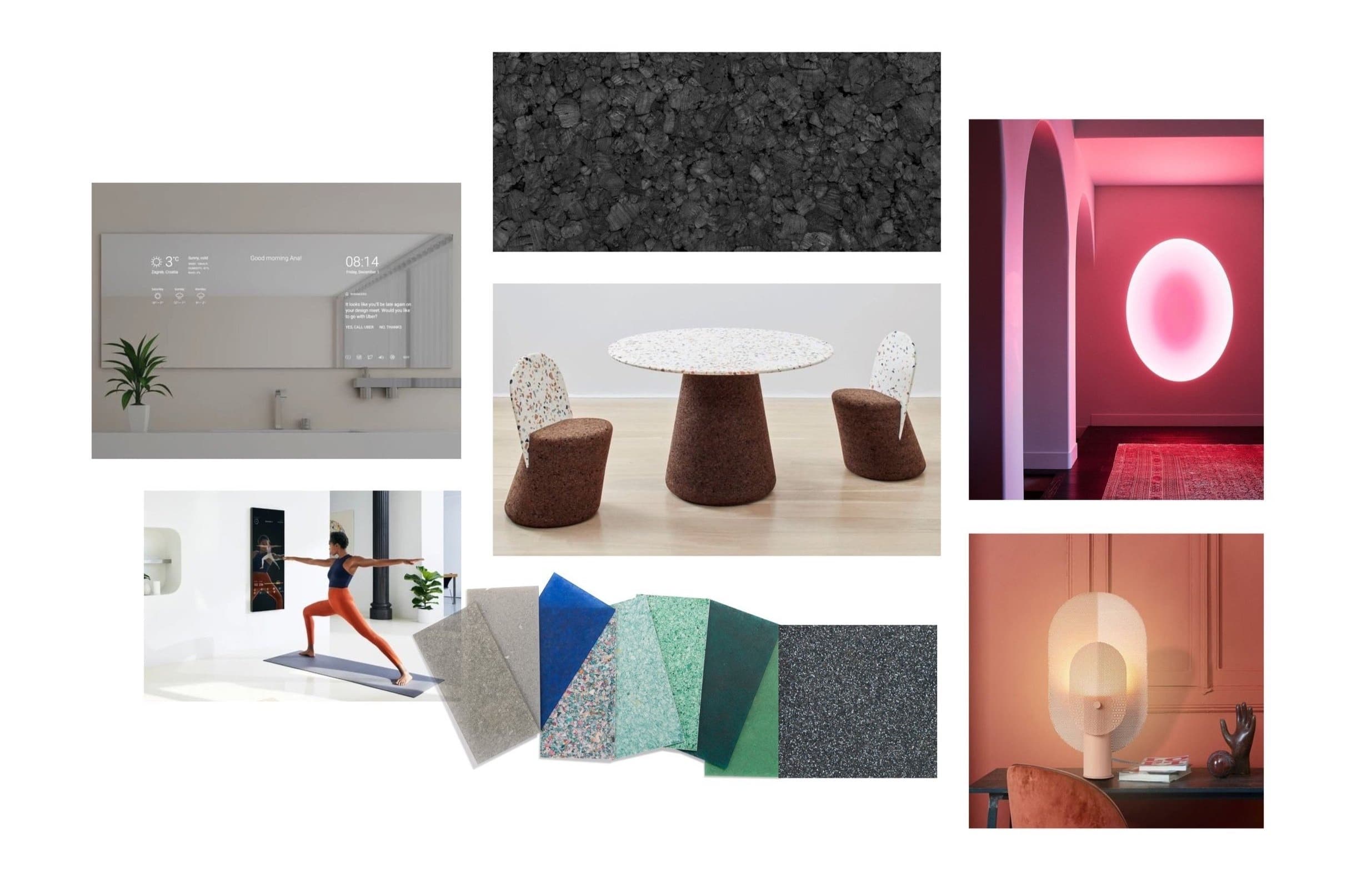 Collage showcasing speckled terazzo styles of material, ambient lighting, and smart mirrors.