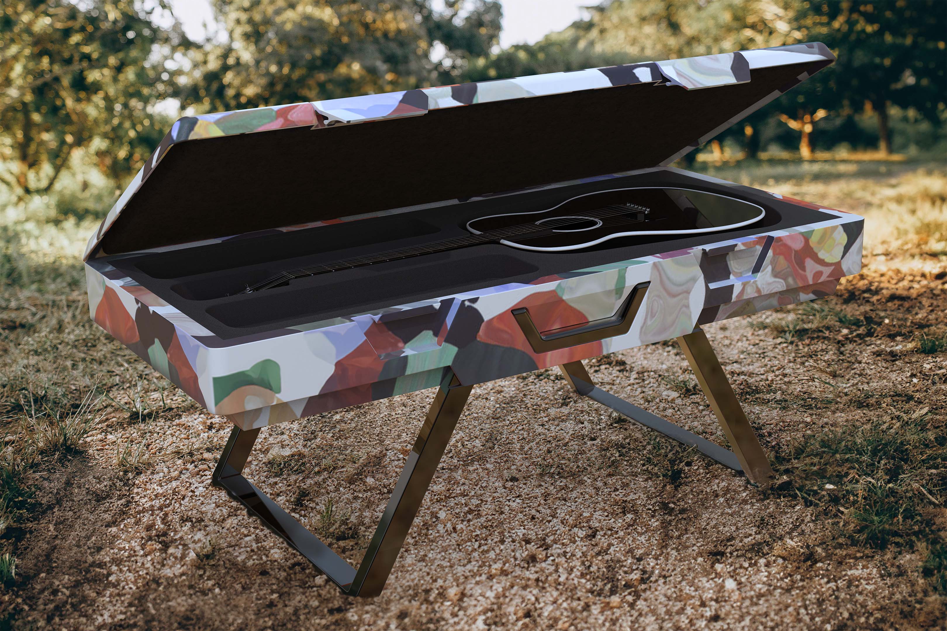The guitar case outside converted into a bench. The lid of the case is open to show a guitar inside.